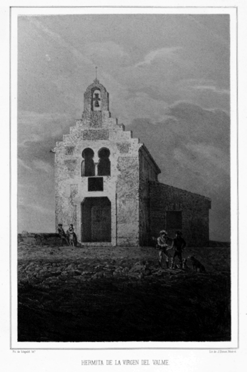 Grabado antiguo de la ermita de Valme sobre un cerro, con unas figuras a caballo