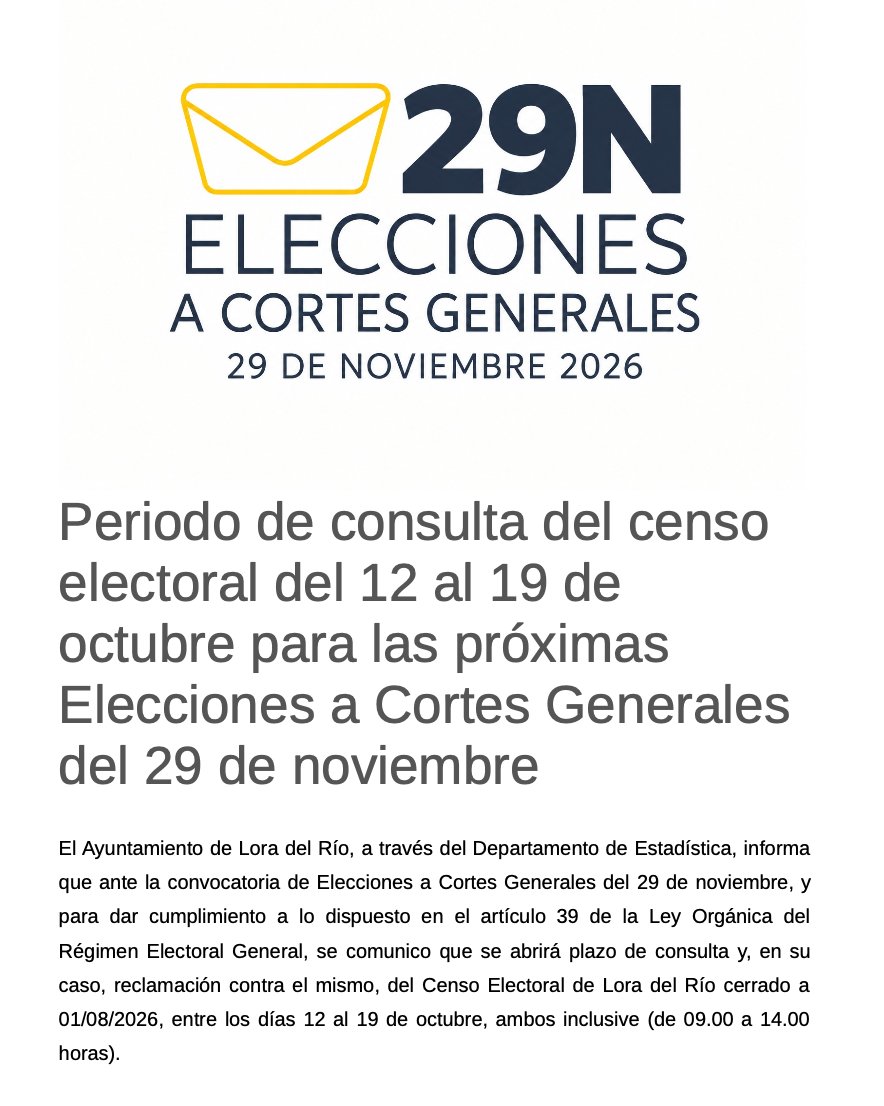 Imagen de la noticia: Lora del Río abre del 12 al 19 de octubre la consulta del censo electoral