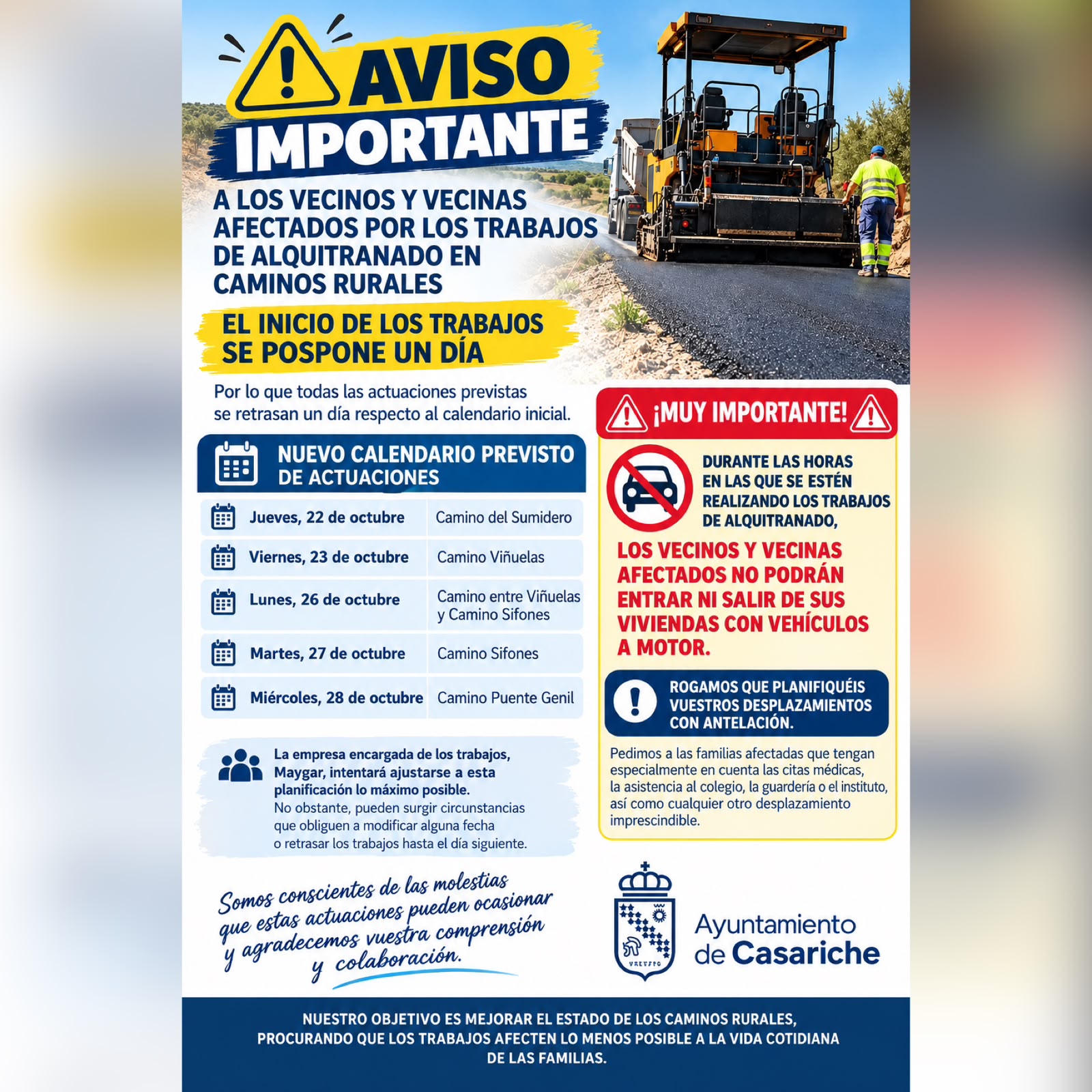 Imagen de la noticia: Los trabajos de alquitranado en cinco caminos rurales de Casariche se retrasan un día