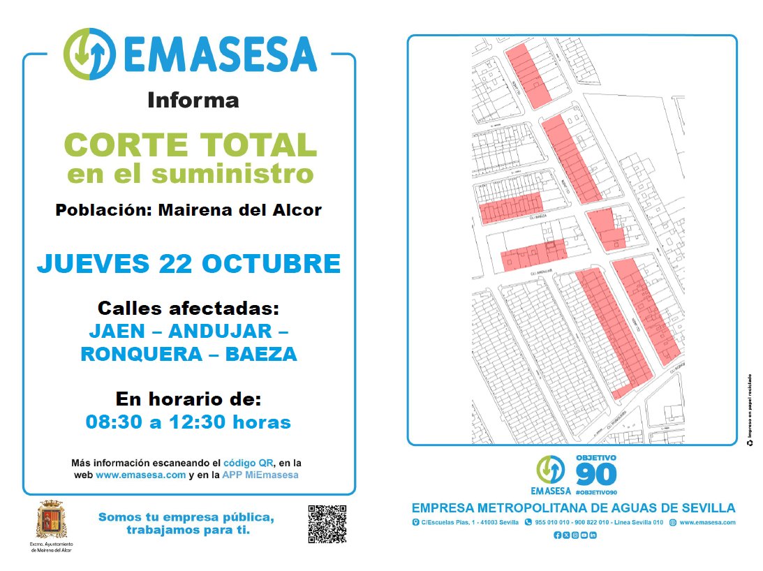 Imagen de la noticia: Corte total de agua el jueves 22 en cuatro calles de Mairena del Alcor