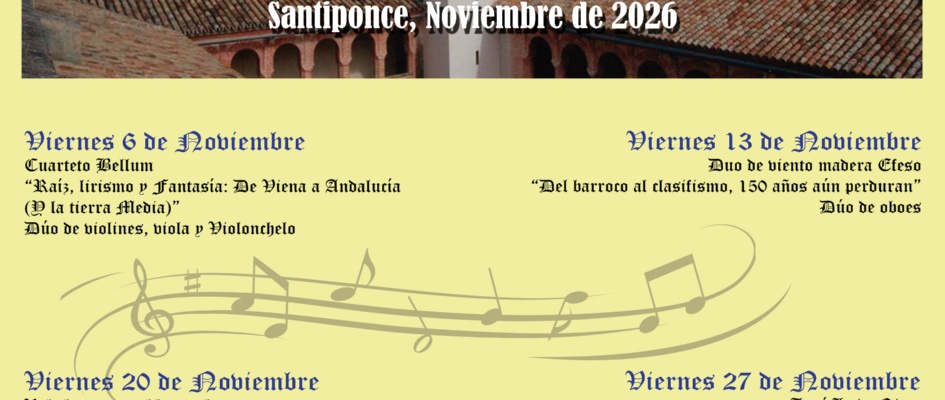 Cartel amarillo de un ciclo de cuatro conciertos de música clásica en noviembre, con un claustro de ladrillo arriba y notas musicales dibujadas.