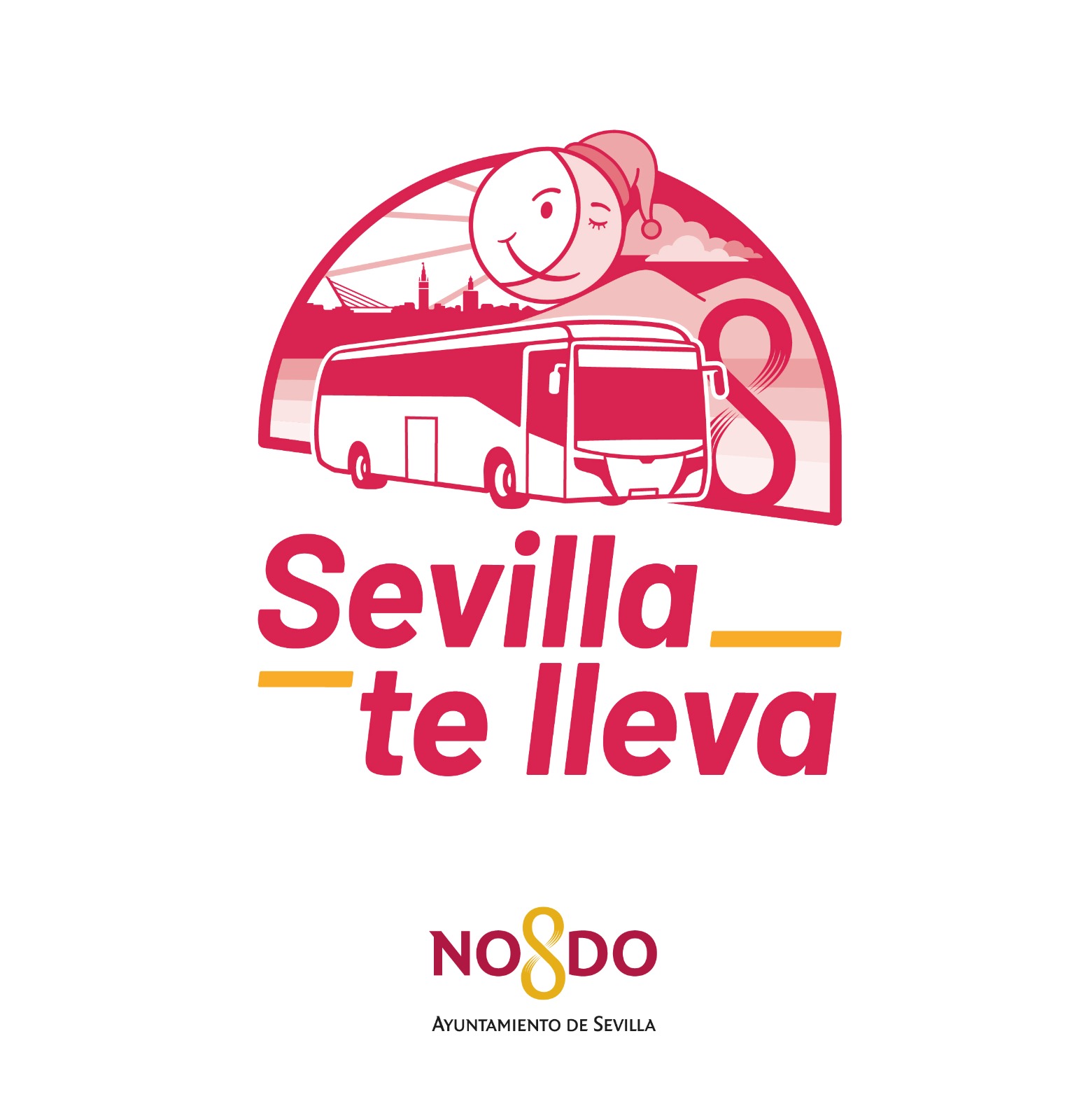 Logotipo con un autobús, un sol sonriente y un skyline tras él, sobre el texto Sevilla te lleva y NO8DO.