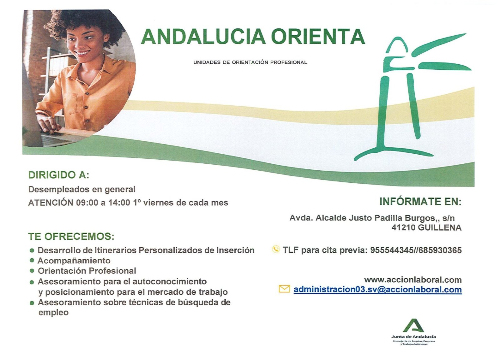 Cartel informativo de Andalucía Orienta con una mujer joven trabajando frente a un ordenador y datos de atención en Guillena.