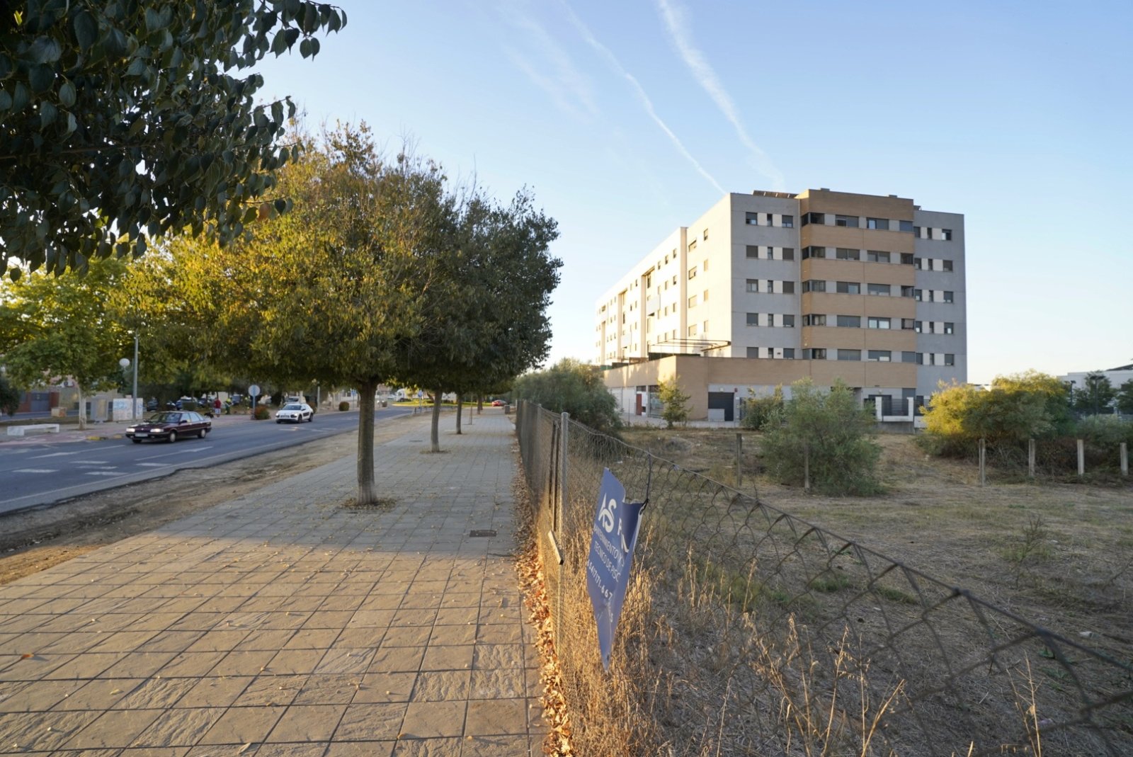 Acera pavimentada junto a una valla metálica, árboles, una calle con coches y un edificio de viviendas al fondo.