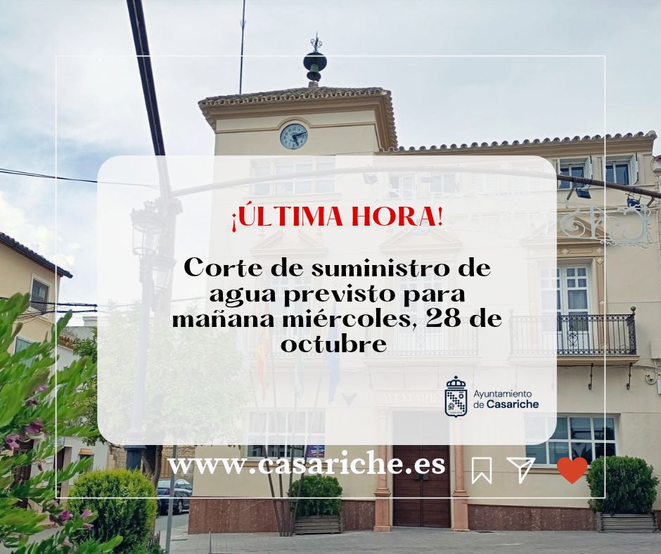 Un edificio municipal con torre y reloj, y un cartel superpuesto que anuncia un corte de agua para el miércoles 28 de octubre.
