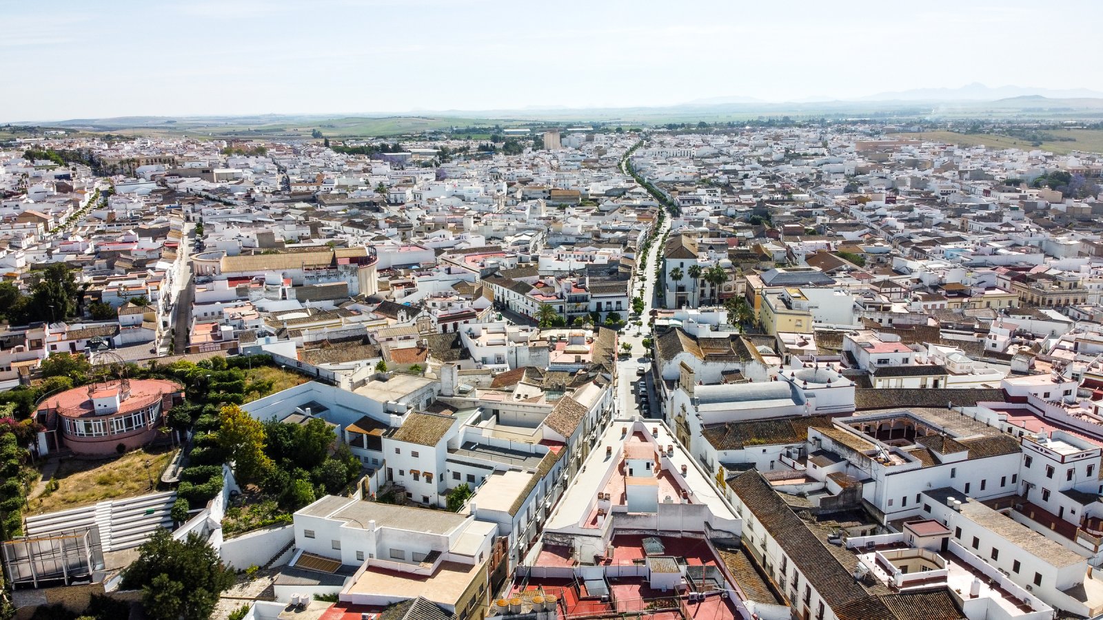 Vista aérea de una localidad con tejados blancos y una avenida arbolada que la cruza, rodeada de campos al fondo.