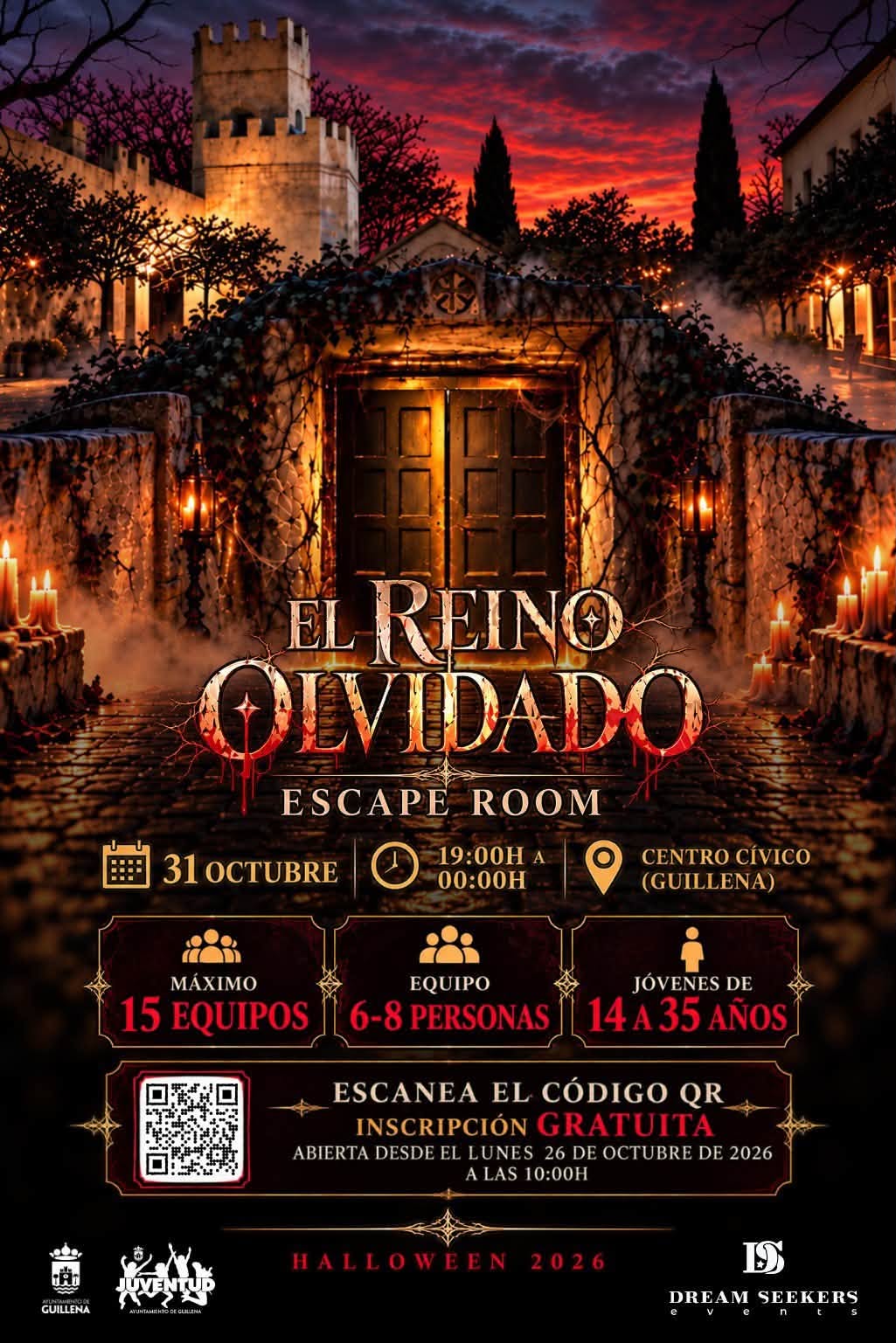 Cartel de un escape room de Halloween con una puerta de piedra iluminada por velas y un castillo al fondo.