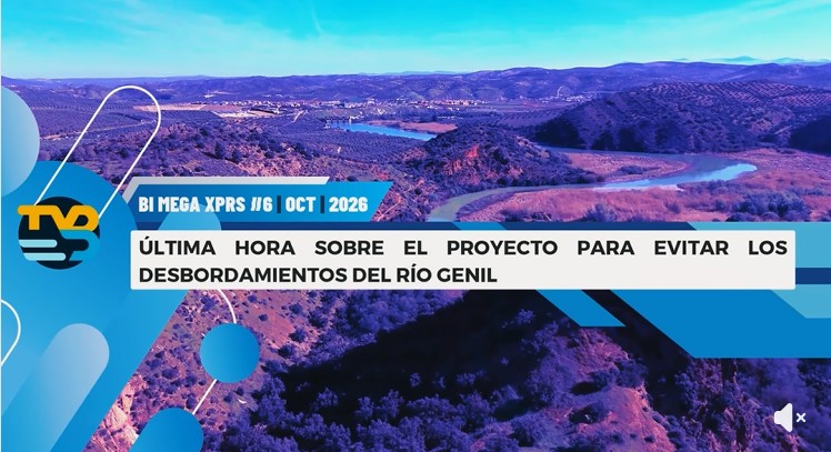 Vista aérea de un valle con un río y embalses entre colinas, con un rótulo sobre el proyecto para evitar desbordamientos del Genil.