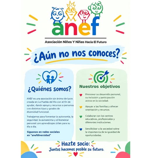 Cartel de una asociación infantil con el logotipo anef, el lema ¿Aún no nos conoces? y dos bloques sobre quiénes son y sus objetivos.