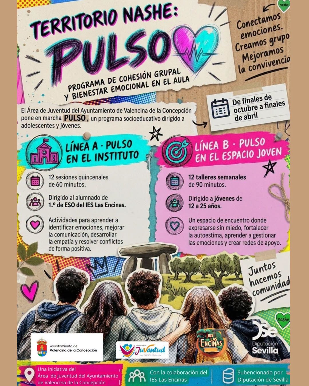 Cartel de un programa juvenil de bienestar emocional con dos líneas de talleres y jóvenes de espaldas ante un dolmen.