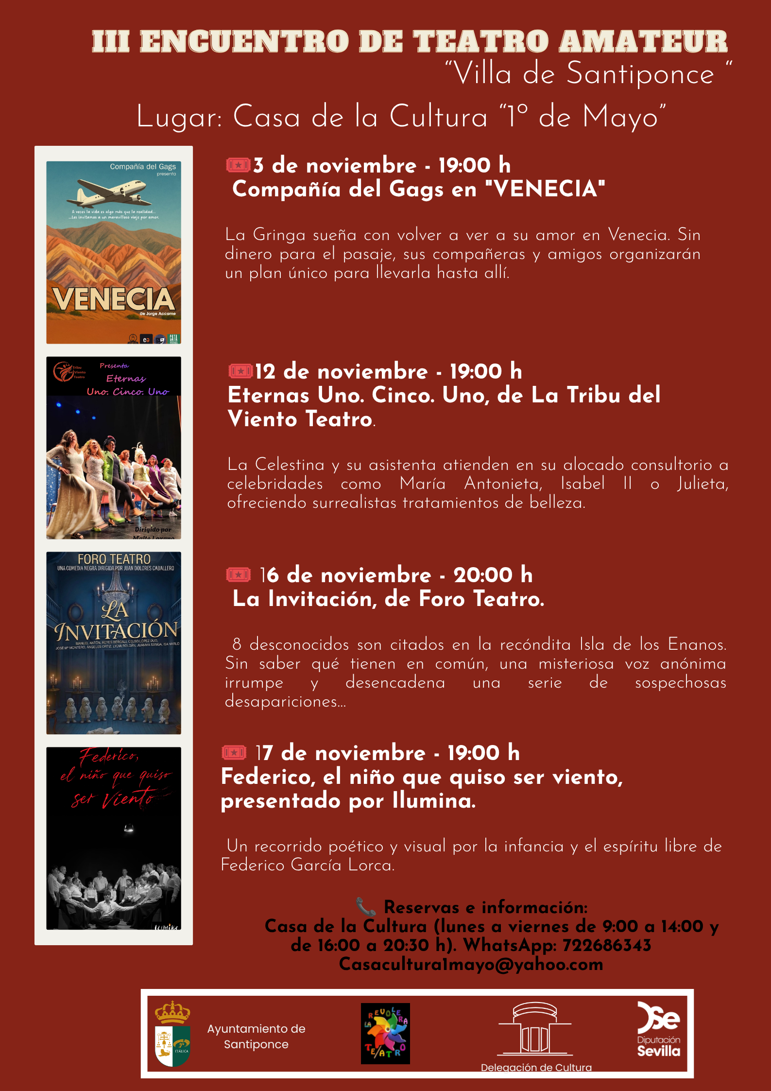 Cartel rojo con el programa de cuatro obras de teatro amateur en noviembre, con horarios y carteles pequeños a la izquierda.