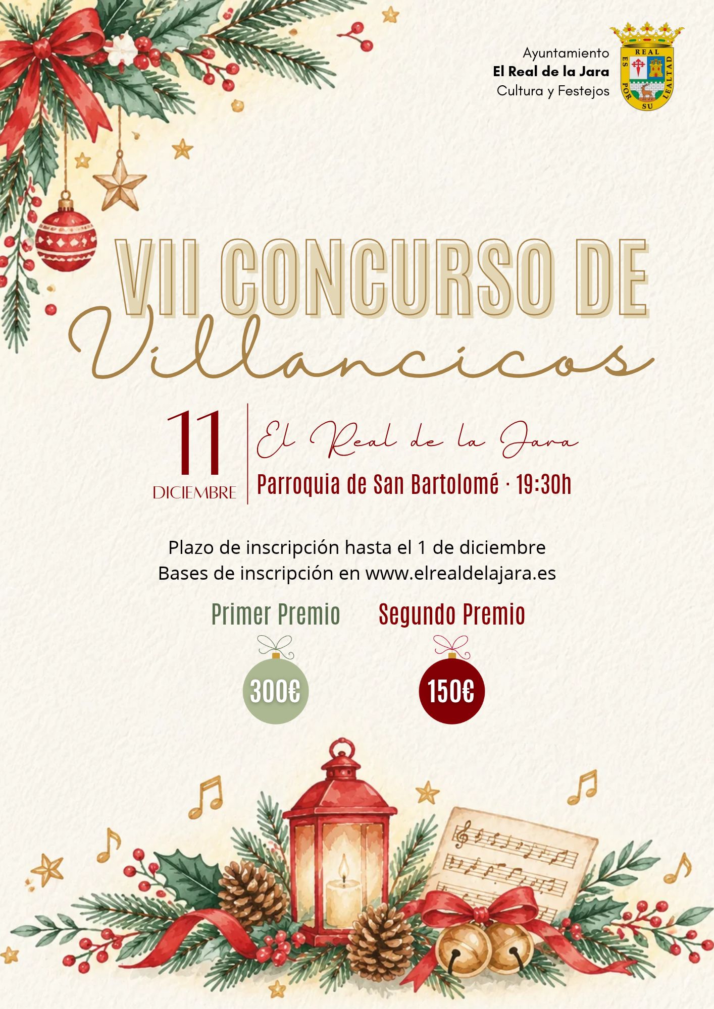 Cartel navideño con el texto VII Concurso de Villancicos, fecha, lugar, premios y adornos de Navidad.