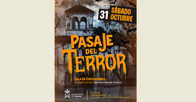 Cartel del Pasaje del Terror para el sábado 31 de octubre en la sala de exposiciones, con un edificio iluminado y murciélagos.