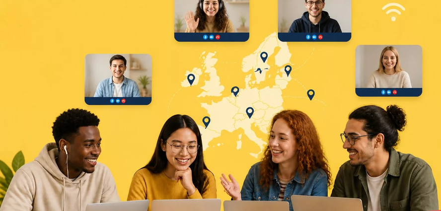 Cuatro jóvenes con portátiles conversan sonrientes ante un mapa de Europa con marcadores y videollamadas.