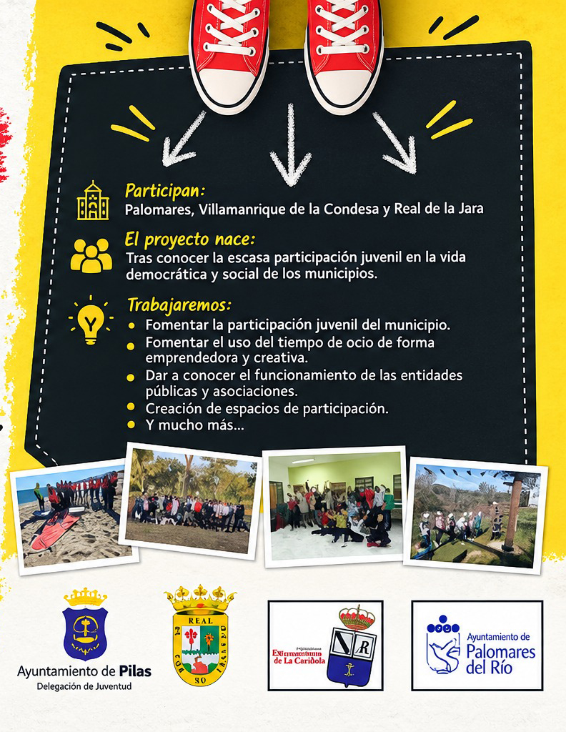 Cartel amarillo y negro con zapatillas rojas, texto sobre un proyecto juvenil y cuatro fotos de actividades.