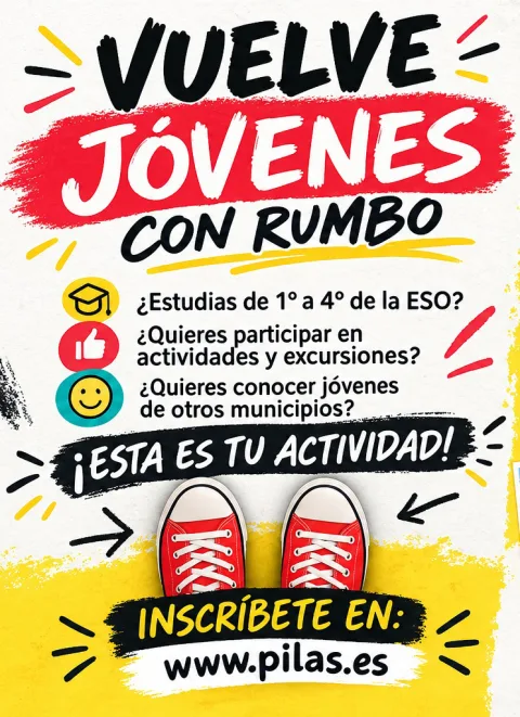 Cartel con el texto Vuelve Jóvenes con Rumbo, preguntas sobre la ESO y unas zapatillas rojas sobre fondo amarillo.