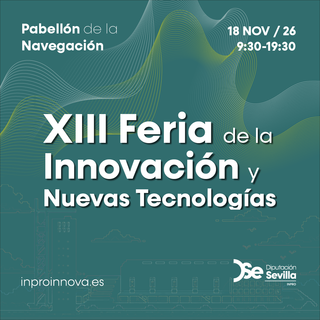 Cartel verde con líneas onduladas y el texto XIII Feria de la Innovación y Nuevas Tecnologías, fechas y sede.
