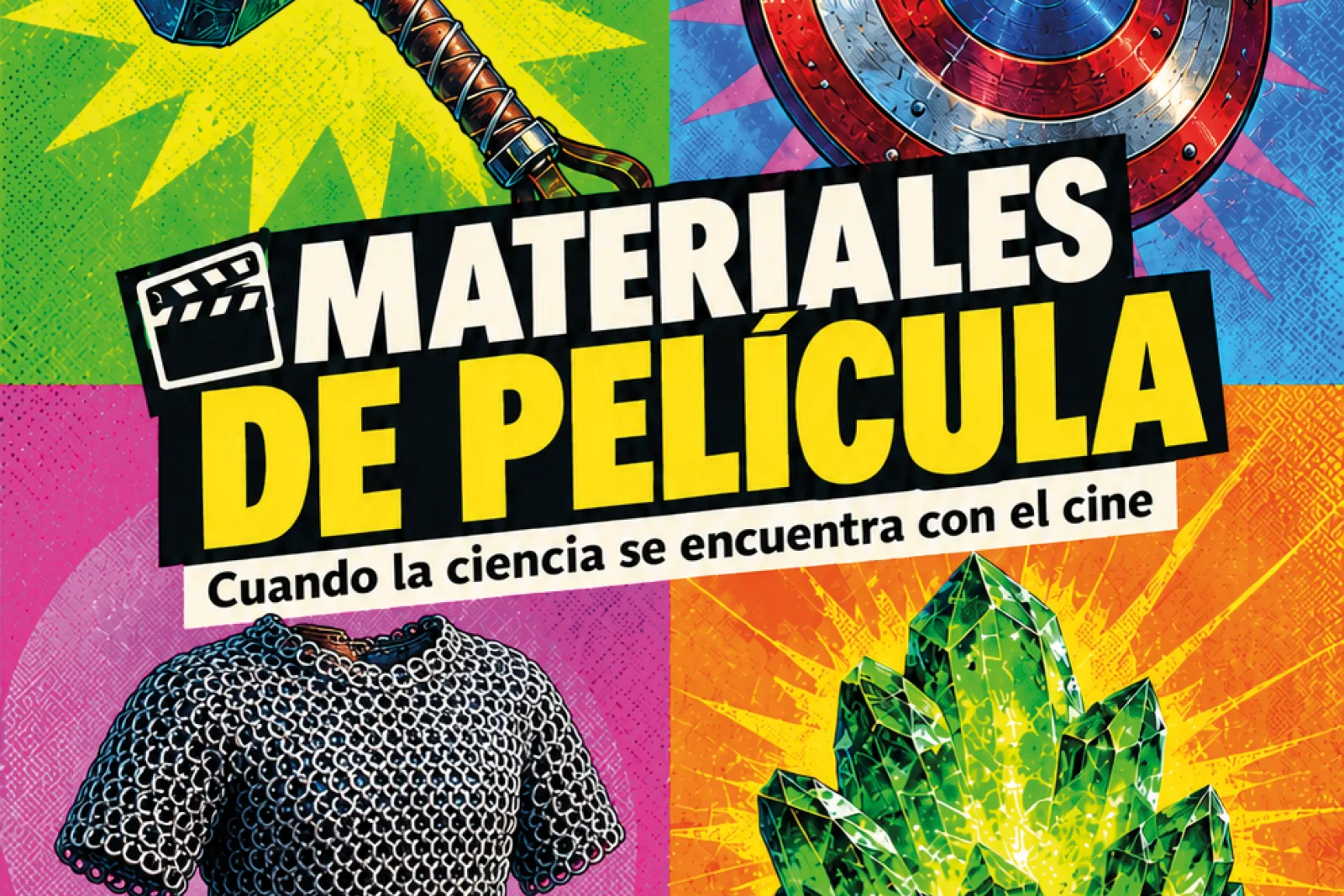 Cartel colorido con el texto MATERIALES DE PELÍCULA y, alrededor, un martillo, un escudo, una cota de malla y cristales verdes.