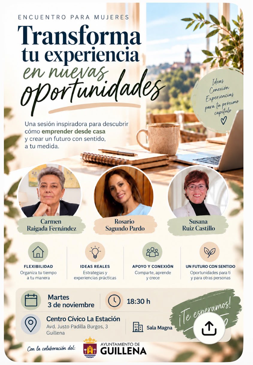 Cartel de un encuentro para mujeres con el título Transforma tu experiencia en nuevas oportunidades, tres retratos y datos del evento.