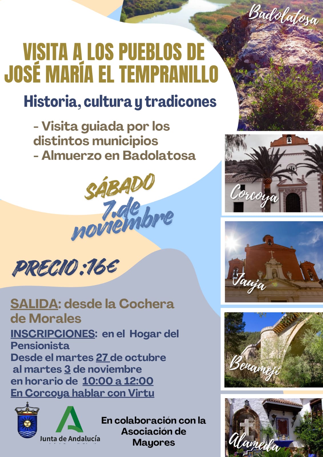 Cartel de una visita guiada por pueblos de El Tempranillo, con texto, precio, fecha y fotos de iglesias y paisajes.