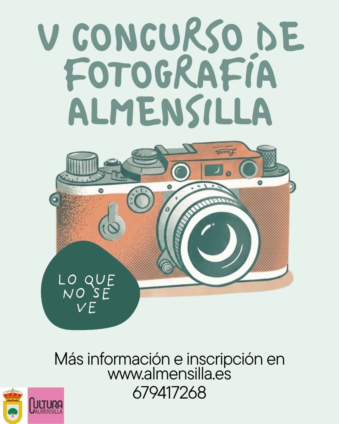 Cartel con el texto V Concurso de Fotografía Almensilla sobre una cámara retro ilustrada y el lema Lo que no se ve.