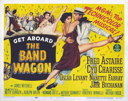 Cartel amarillo de la película Melodías de Broadway con una pareja bailando y el reparto en letras grandes.