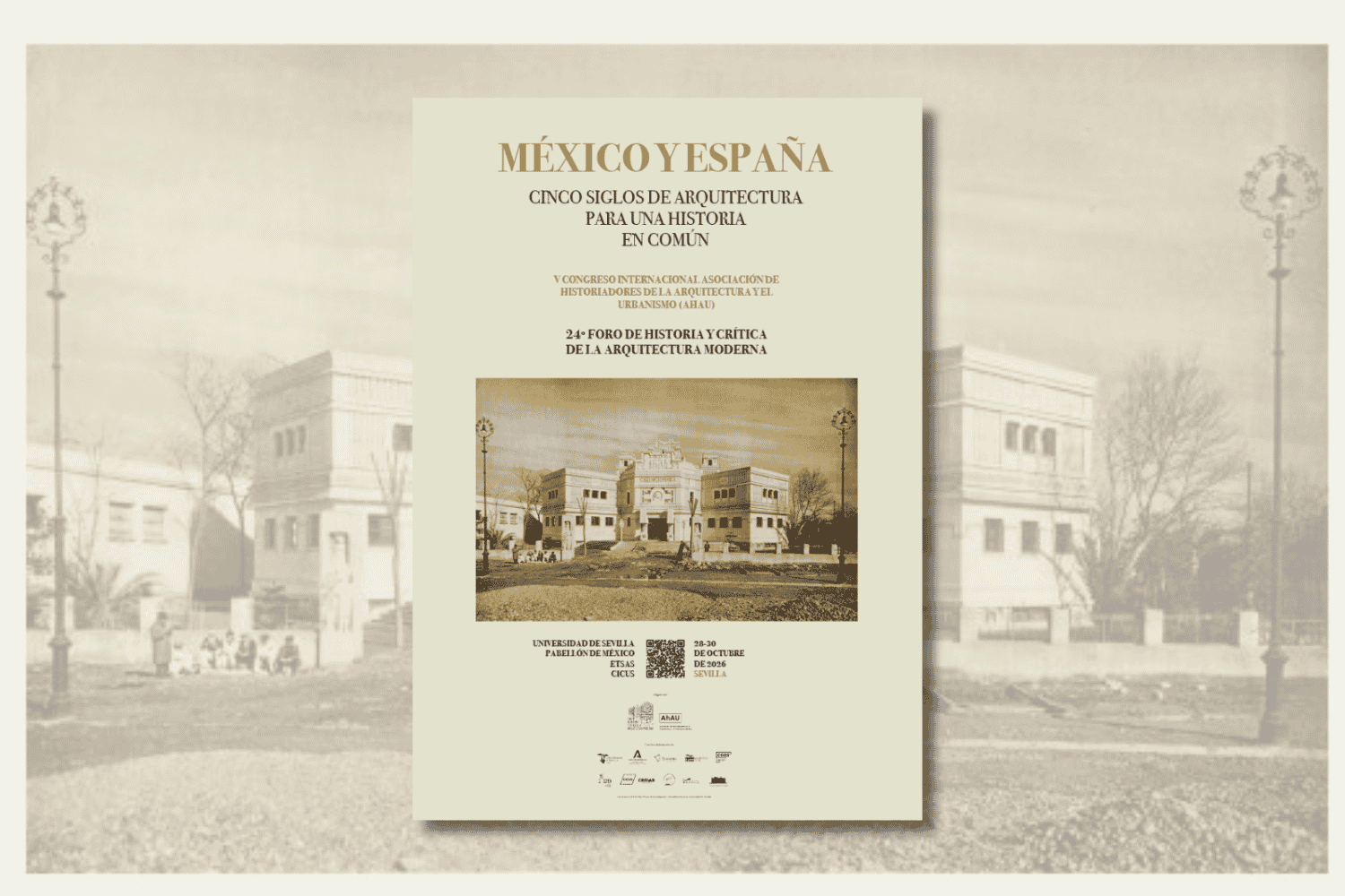 Cartel de un congreso sobre arquitectura México-España con una fotografía antigua de un edificio central.