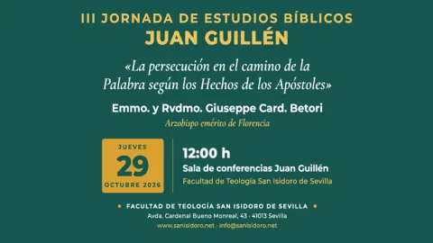 Cartel verde con el texto de una jornada de estudios bíblicos, el título de la conferencia, el ponente, la fecha y el lugar.