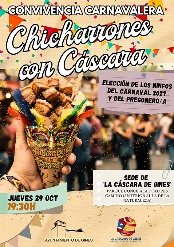 Cartel de convivencia carnavalera con un cucurucho de chicharrones y cascarón de colores en primer plano y público al fondo.