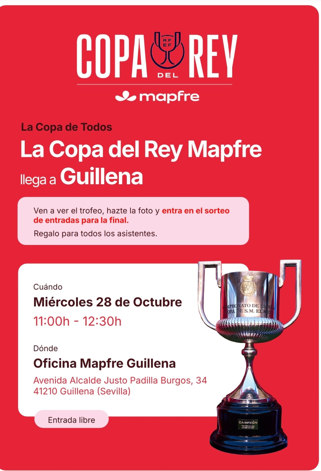 Cartel rojo con el texto Copa del Rey Mapfre y la imagen de un trofeo plateado sobre una base oscura.