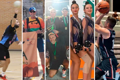 Collage de cinco escenas deportivas: voleibol, un hombre con banderín, jugadores de pádel con medallas, gimnastas y un jugador de baloncesto.