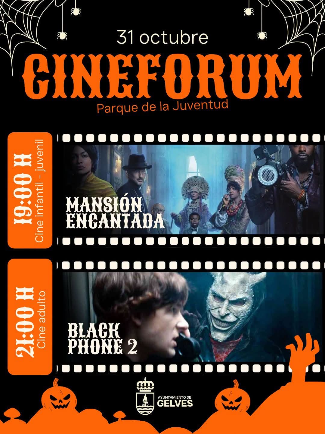 Cartel de cineforum de Halloween con dos películas, horarios y calabazas naranjas sobre fondo negro.