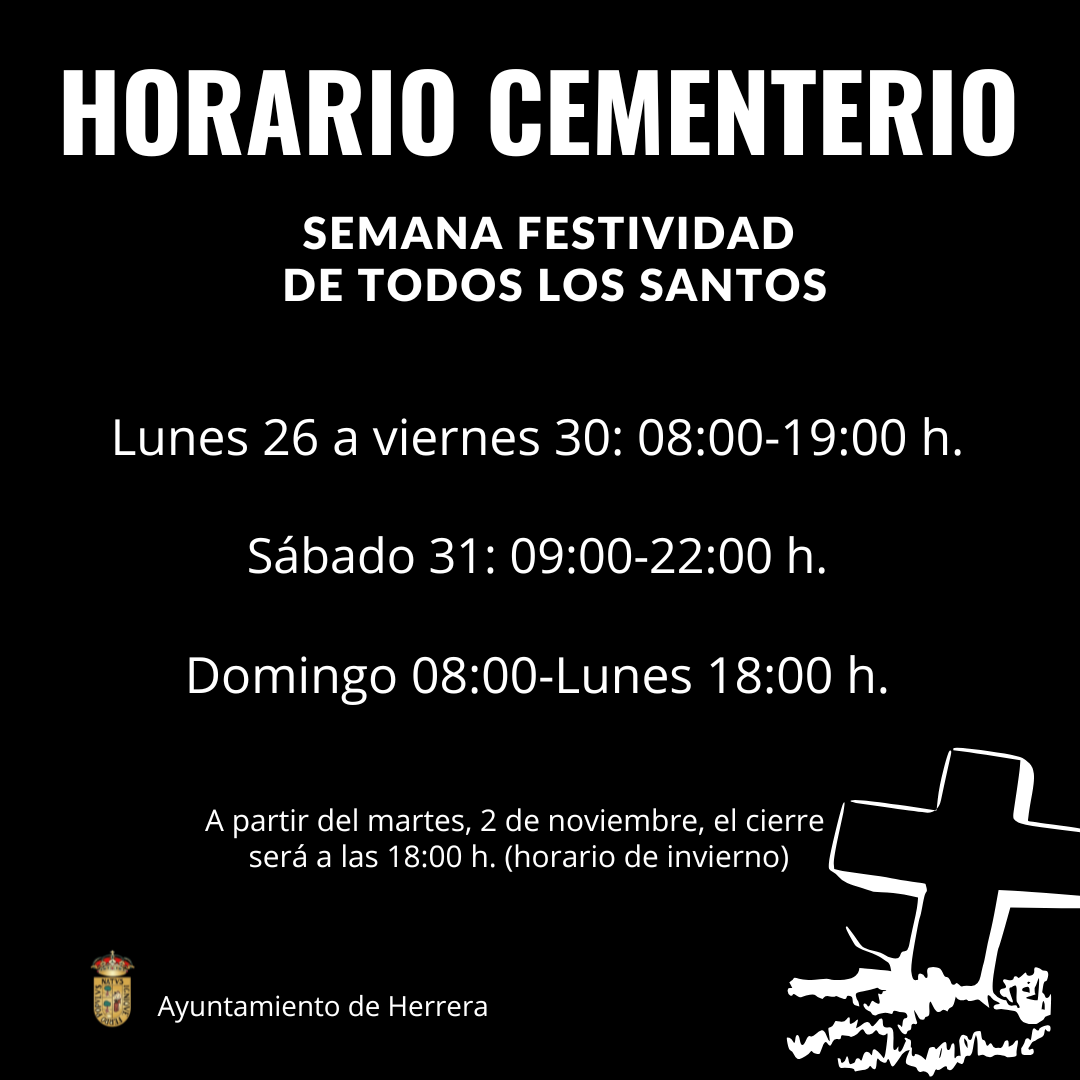 Cartel negro con el texto Horario Cementerio, los horarios por días de la semana de Todos los Santos y una cruz blanca.