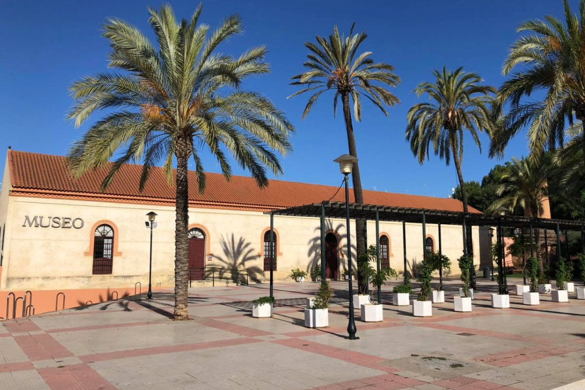 Edificio de una planta con tejado rojo y la palabra MUSEO en la fachada, ante una plaza con palmeras y macetas blancas.