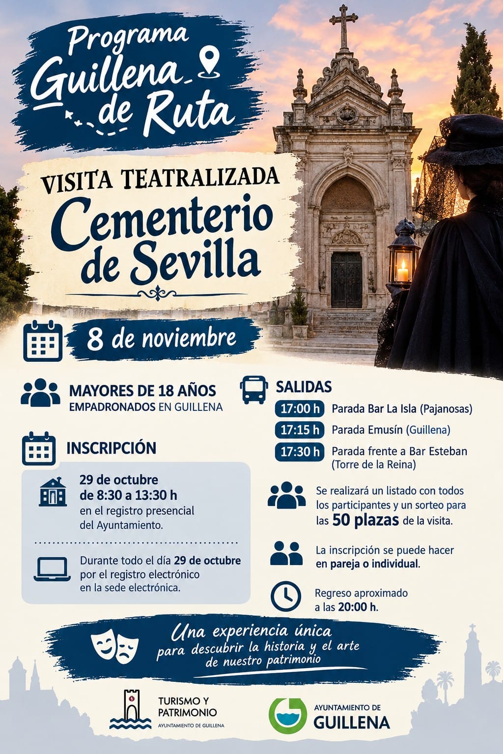 Cartel de una visita teatralizada al Cementerio de Sevilla el 8 de noviembre, con una figura con farol ante una portada de piedra.