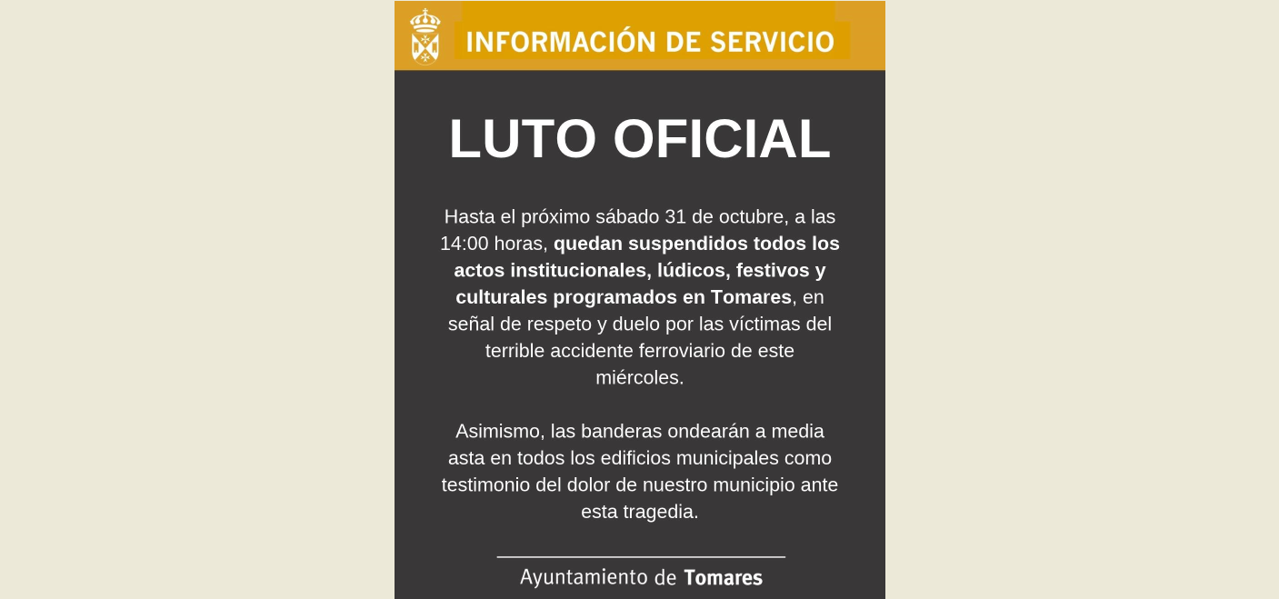 Cartel de aviso oficial sobre luto y suspensión de actos en Tomares hasta el sábado 31 de octubre.