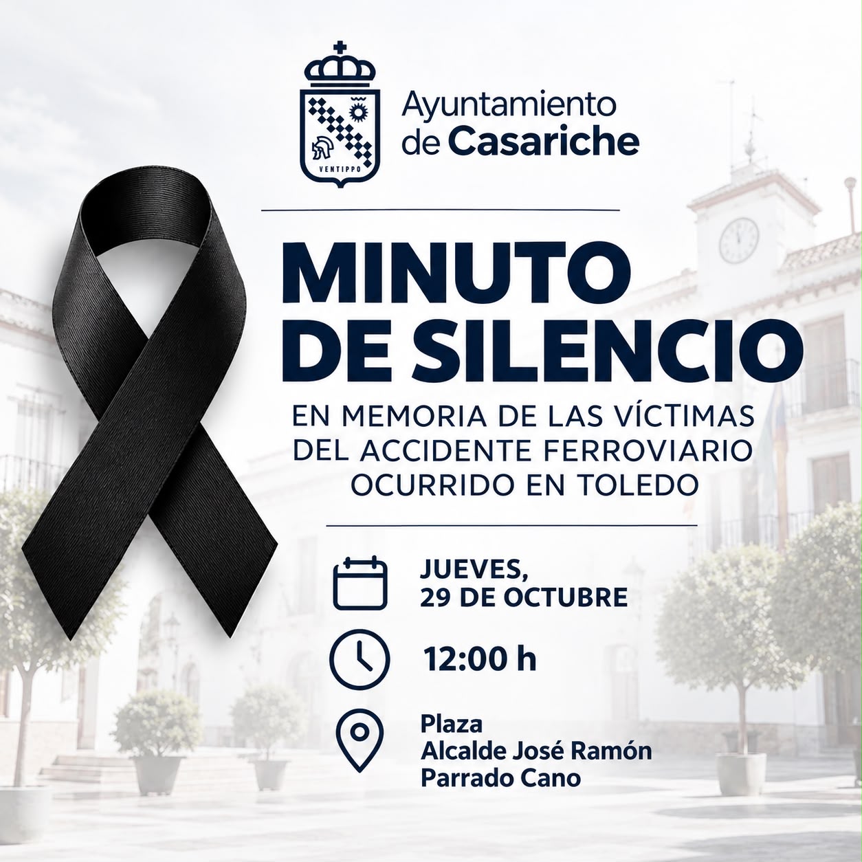 Cartel con un lazo negro y el texto Minuto de Silencio por las víctimas del accidente ferroviario de Toledo, jueves 29 a las 12:00.