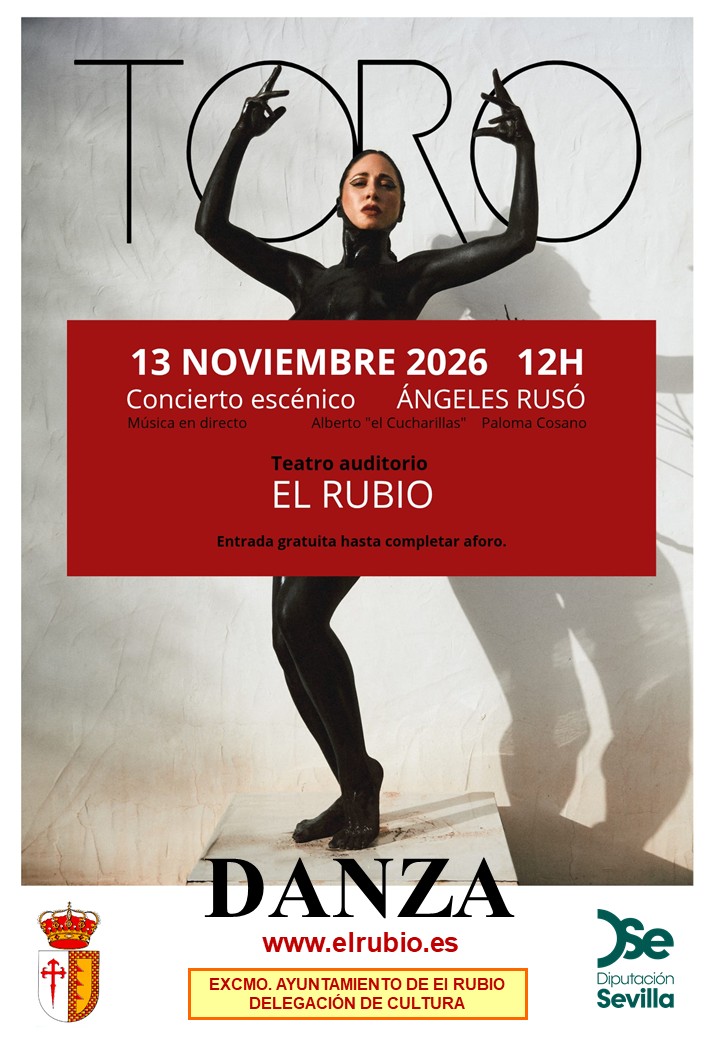Cartel de un concierto escénico con una figura humana de cuerpo pintado de negro y las palabras TORO y DANZA.
