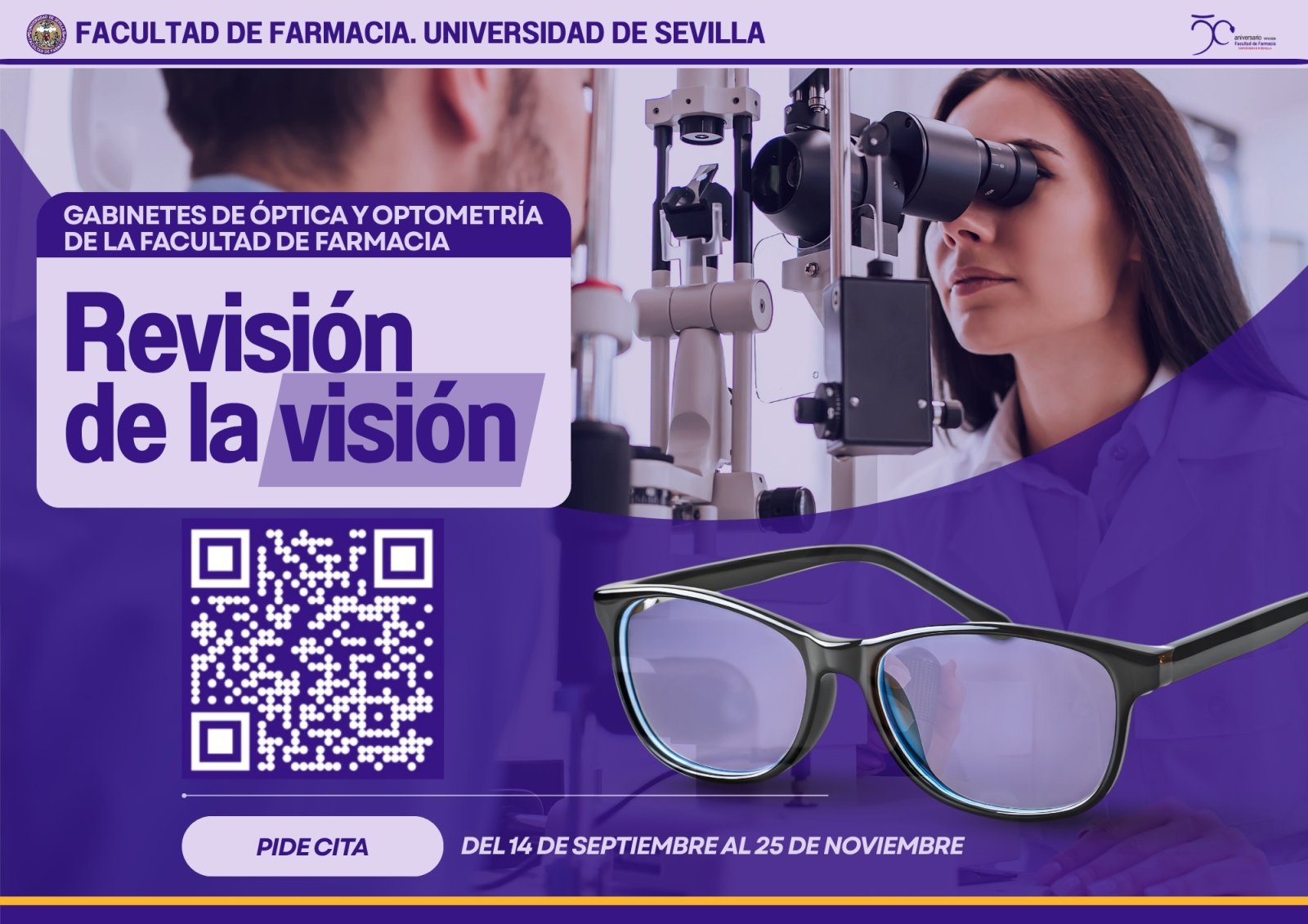 Cartel morado con una mujer mirando por un instrumento óptico, unas gafas y un código QR.