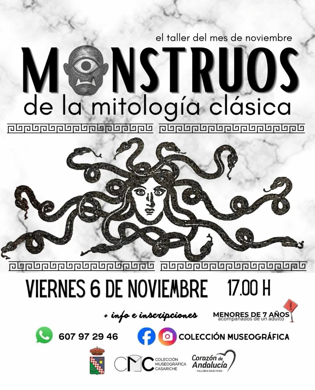 Cartel de un taller infantil sobre monstruos de la mitología clásica, con una medusa de serpientes y la fecha 6 de noviembre.