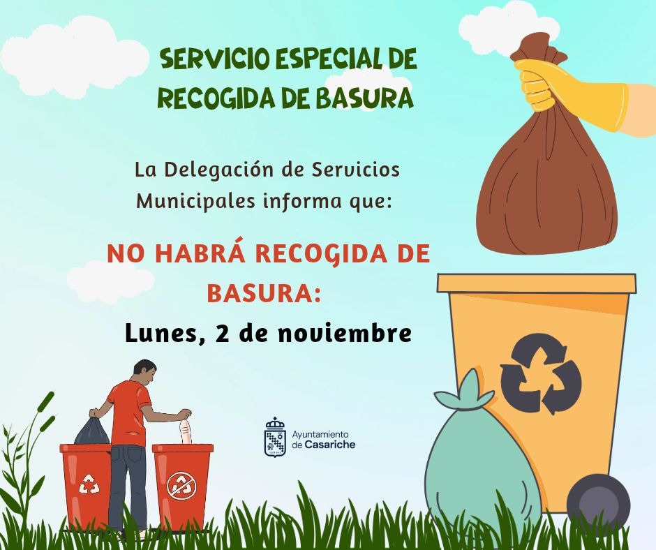 Cartel ilustrado sobre la suspensión de la recogida de basura el lunes 2 de noviembre, con contenedores y bolsas de basura.