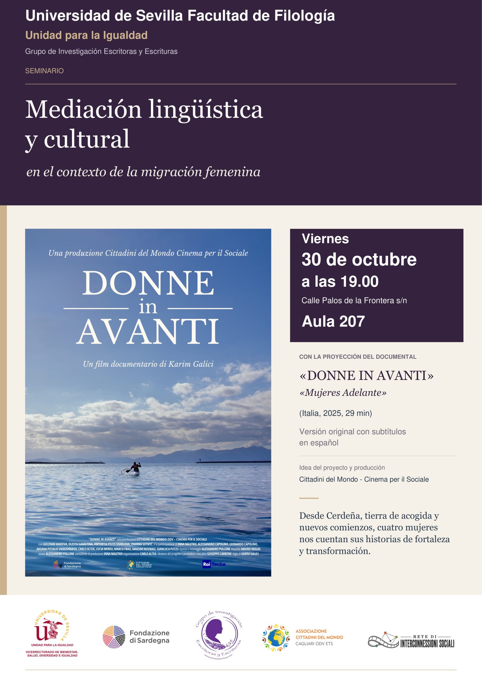 Cartel de un seminario con el póster de un documental sobre una mujer en el mar y los datos de la proyección.