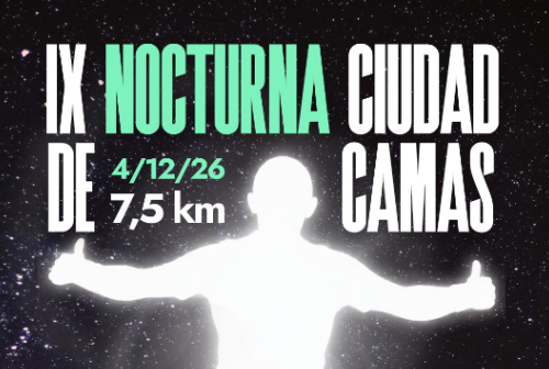 Cartel sobre fondo estrellado con la silueta blanca de un corredor y el texto IX Nocturna Ciudad de Camas, 4/12/26, 7,5 km.