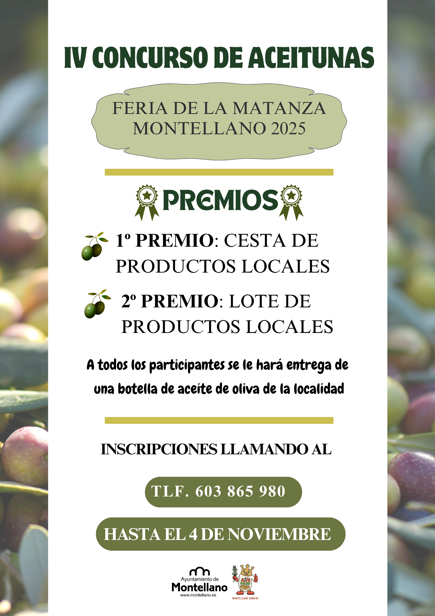 Cartel de un concurso de aceitunas aliñadas con premios, teléfono de inscripción y fecha límite, sobre fondo de aceitunas.