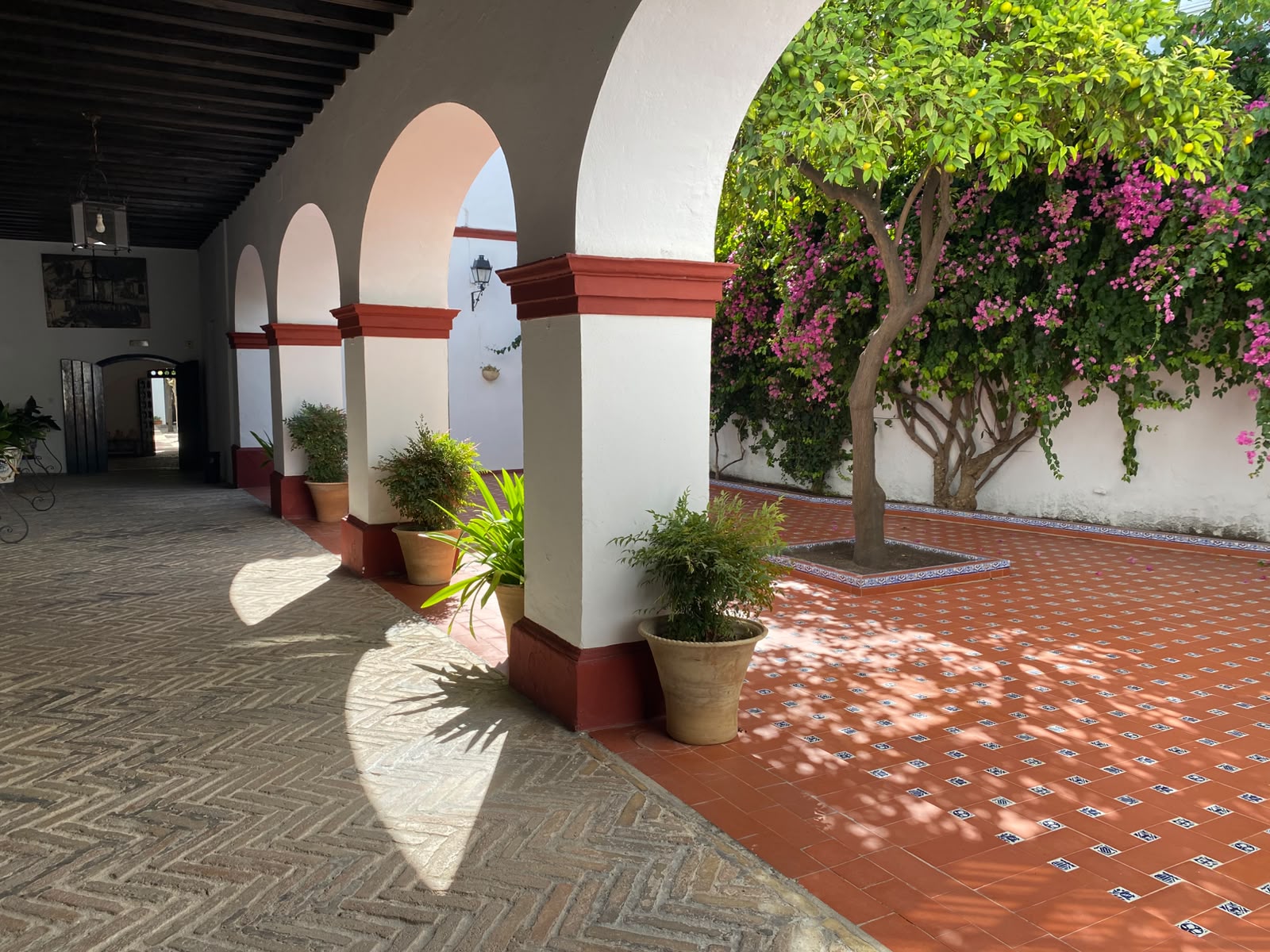 Patio andaluz con soportales de arcos blancos y zócalo rojo, suelo ajedrezado y naranjo con buganvilla.