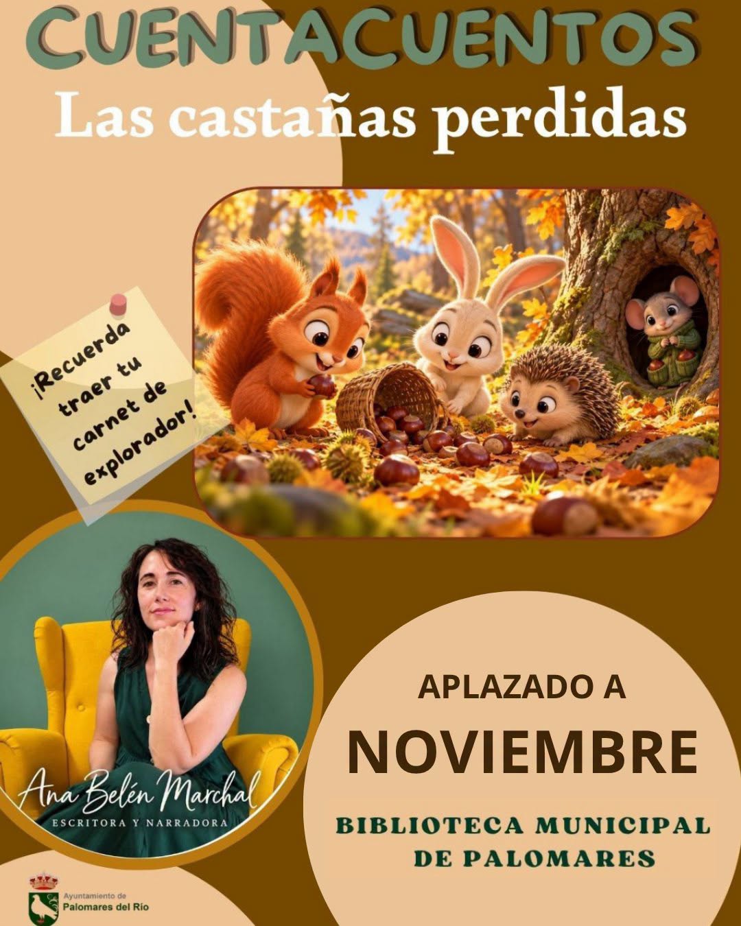 Cartel de cuentacuentos con animales de otoño, una mujer sentada y el texto de aplazamiento a noviembre.