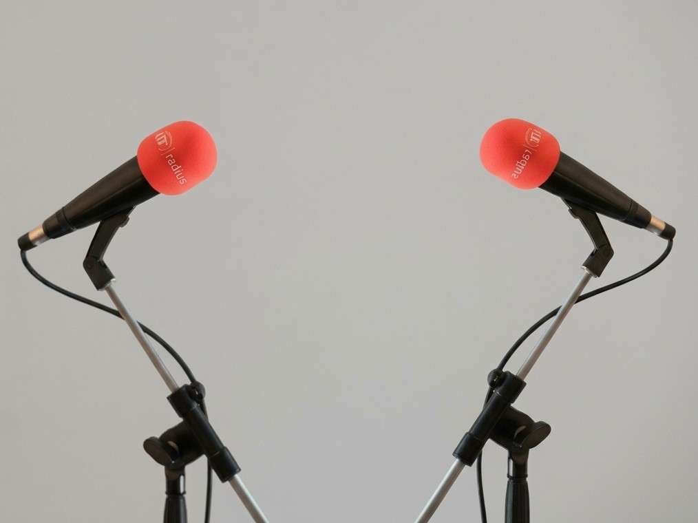 Dos micrófonos con esponja roja sobre soportes, uno frente a otro, sobre fondo gris liso.