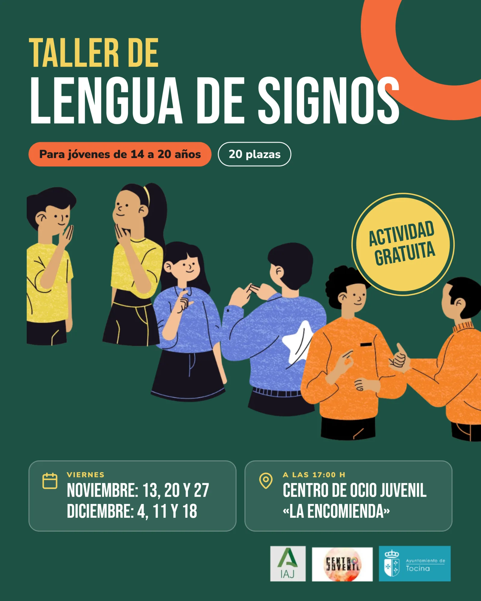 Cartel verde sobre un taller de lengua de signos para jóvenes, con ilustraciones de personas gesticulando y datos de fechas y lugar.