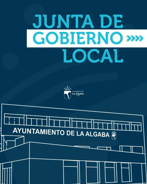 Cartel azul con el texto Junta de Gobierno Local y el dibujo lineal de un edificio municipal con el nombre Ayuntamiento de La Algaba.