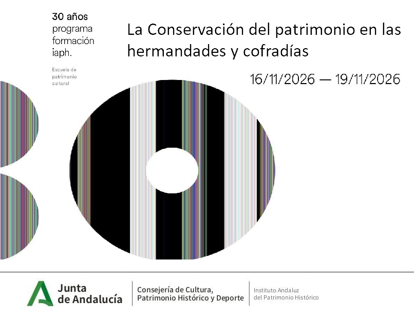 Cartel con círculos de rayas verticales de colores y textos sobre un curso de conservación del patrimonio en hermandades y cofradías.